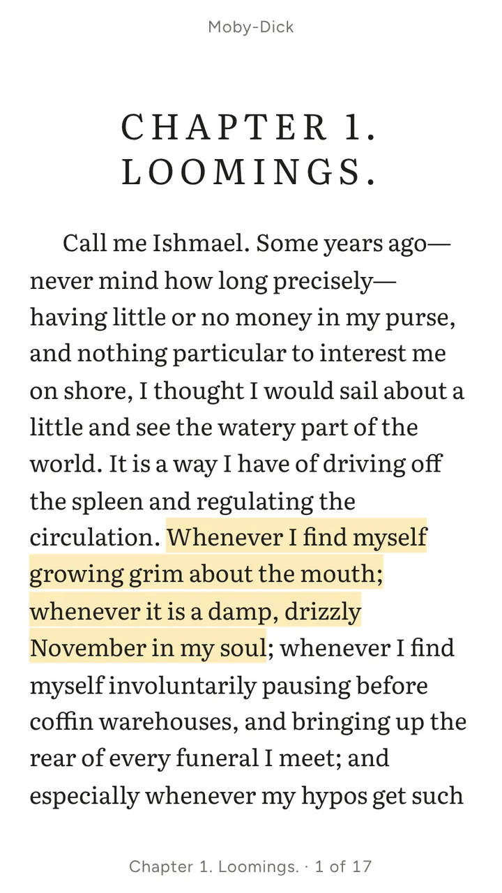 Moby-Dick open in Gild, with a sentence highlighted in yellow
